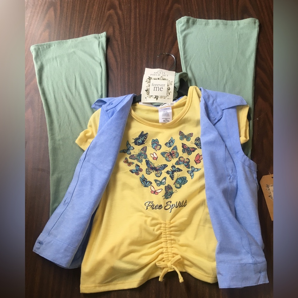Forever Me Kids Yellow Butterfly 'Free Spirit' Tee & Blue Vest Matching Set